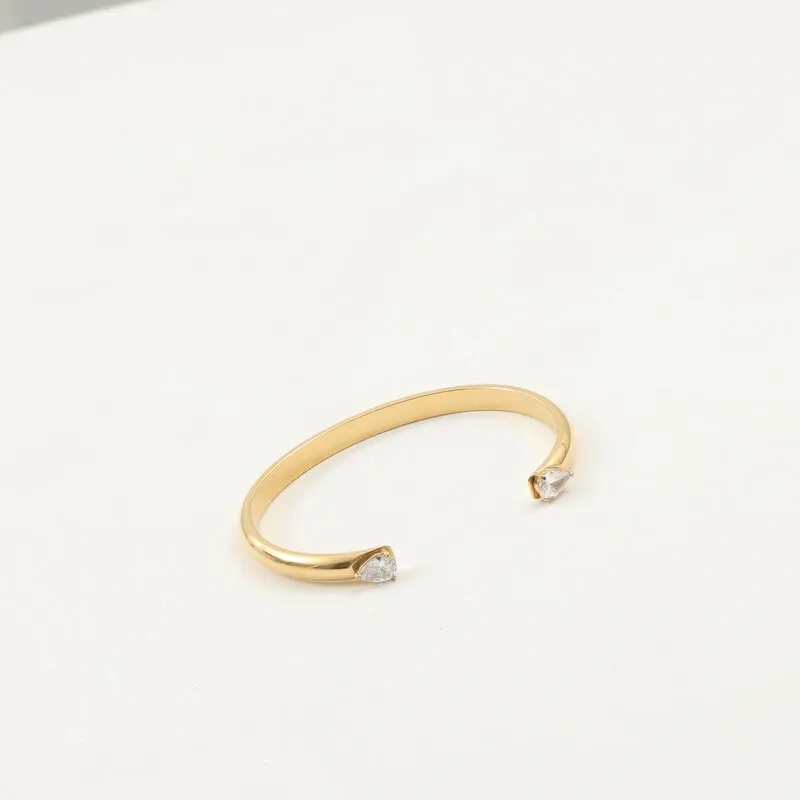 Premium Minimalist Opening Bracelet with Two Water Drops Zircon 18K Gold Plated Waterproof Stainless Steel YF8221