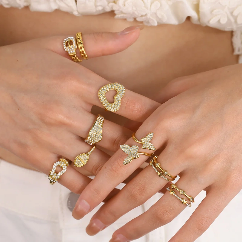 Classic Explosive Geometric Zircon Ring Heart Butterfly Gold Layered 18K Gold Plated Waterproof Stainless Steel YF8180