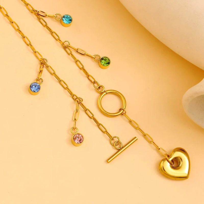 Vintage Elegant Zircon Heart Small Pendant Clavicle Chain 18K Gold Plated Waterproof Stainless Steel YF8205