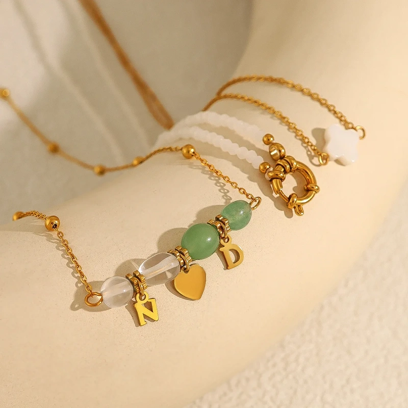 Personalized Luxury Natural Stone Necklace Beaded Love Pendant Clavicle Chain 18K Gold Plated Waterproof Stainless Steel YF8203