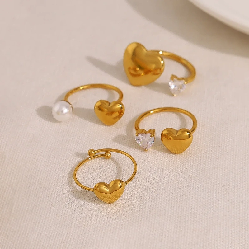 Stylish Heart Pearl Open Zircon Heart Ring 18K Gold Plated Waterproof Stainless Steel YF8183