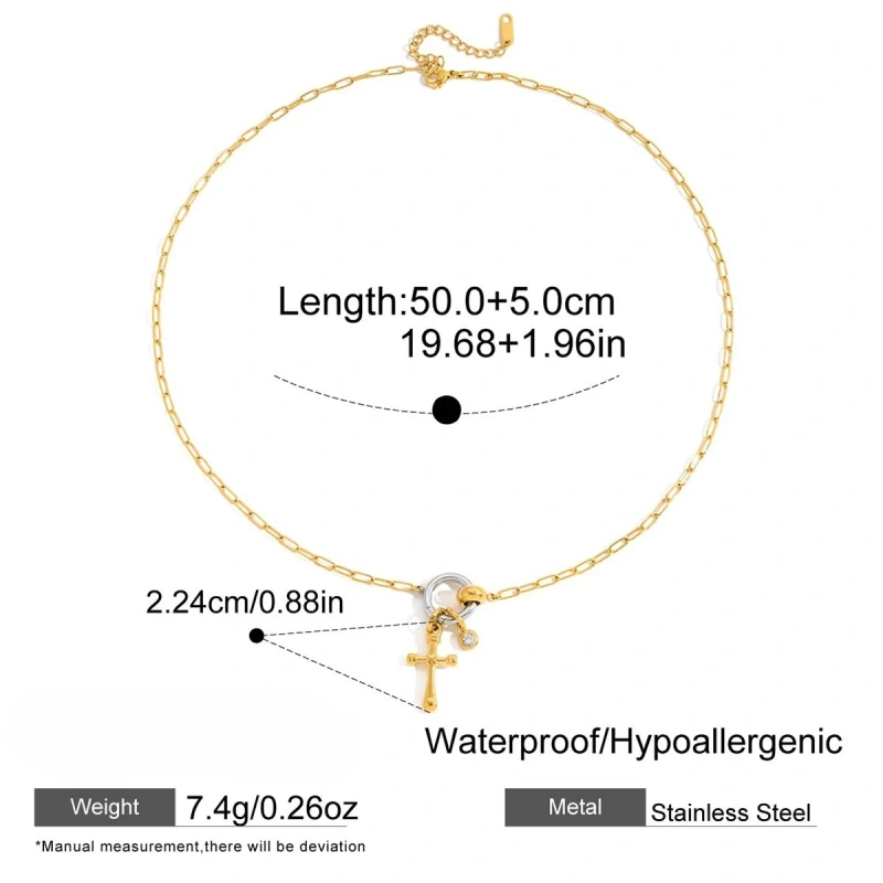 Stainless Steel 18k Gold Plated Waterproof DIY Chain Two Tone Double Circle Heart Cross Pendant Hypoallergenic Necklace YF6630