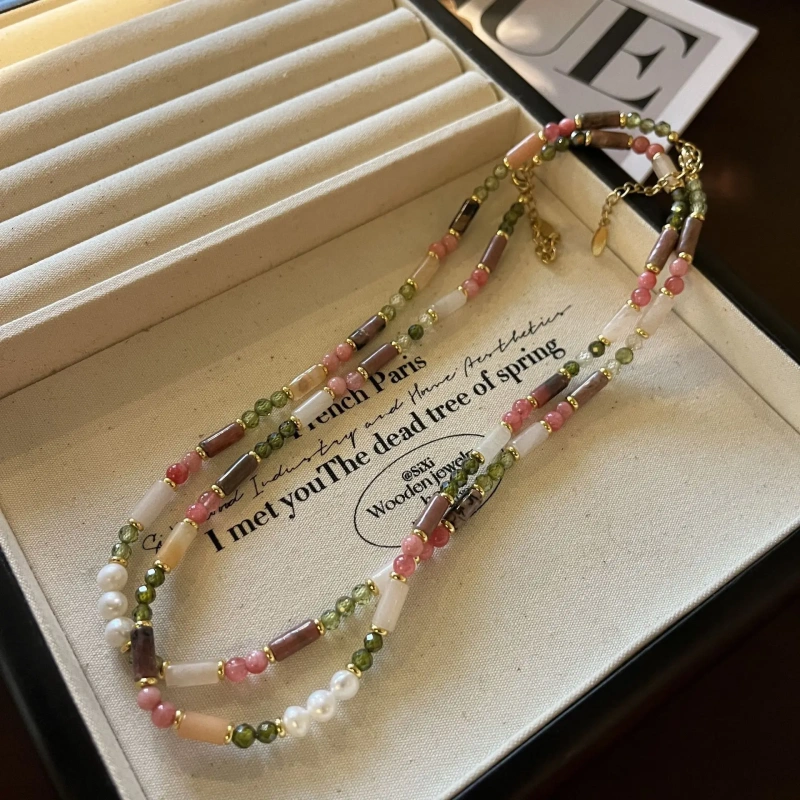 Summer New Stainless Steel 18k Gold Plated Freshwater Baroque Pearl Green Zircon Natural Stone Necklace Yf6384