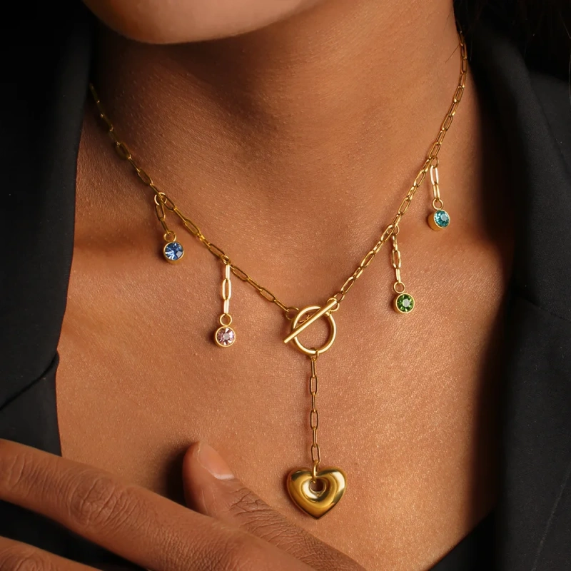 Vintage Elegant Zircon Heart Small Pendant Clavicle Chain 18K Gold Plated Waterproof Stainless Steel YF8205
