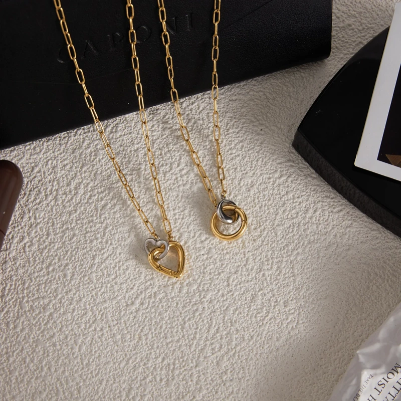 Stainless Steel 18k Gold Plated Waterproof DIY Chain Two Tone Double Circle Heart Cross Pendant Hypoallergenic Necklace YF6630