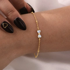 Womens Stainless Steel Partition Bead Chain Zircon Bow Bracelet Gold 18K Gold Plated Waterproof Stainless Steel YF8156