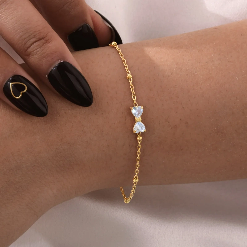 Womens Stainless Steel Partition Bead Chain Zircon Bow Bracelet Gold 18K Gold Plated Waterproof Stainless Steel YF8156