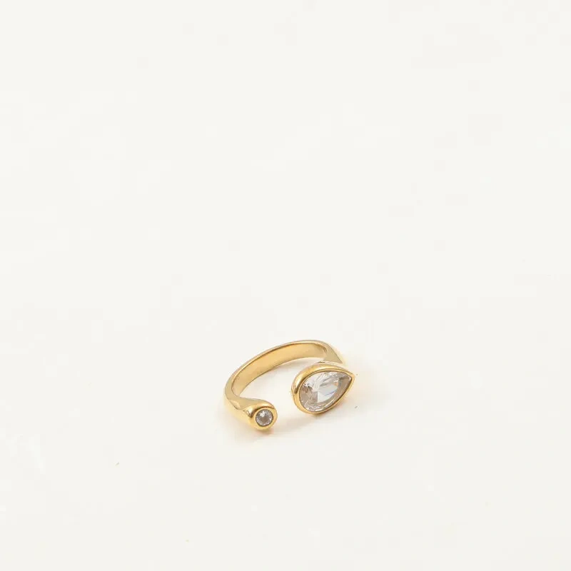 Delicate Water Drop Zircon with Small Round Zircon Opening Ring 18K Gold Plated Waterproof Stainless Steel YF8217