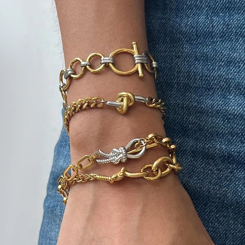New Stainless Steel Design Waterproof Jewelry 18K Gold Plated Two Tone Line Knot Hypoallergenic Bracelet YF6631