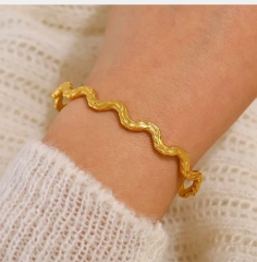 Niche Wave Fine Plain Ring Opening Bracelet Metal Texture Bracelet 18K Gold Plated Waterproof Stainless Steel YF8191