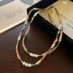 Summer New Stainless Steel 18k Gold Plated Freshwater Baroque Pearl Green Zircon Natural Stone Necklace Yf6384