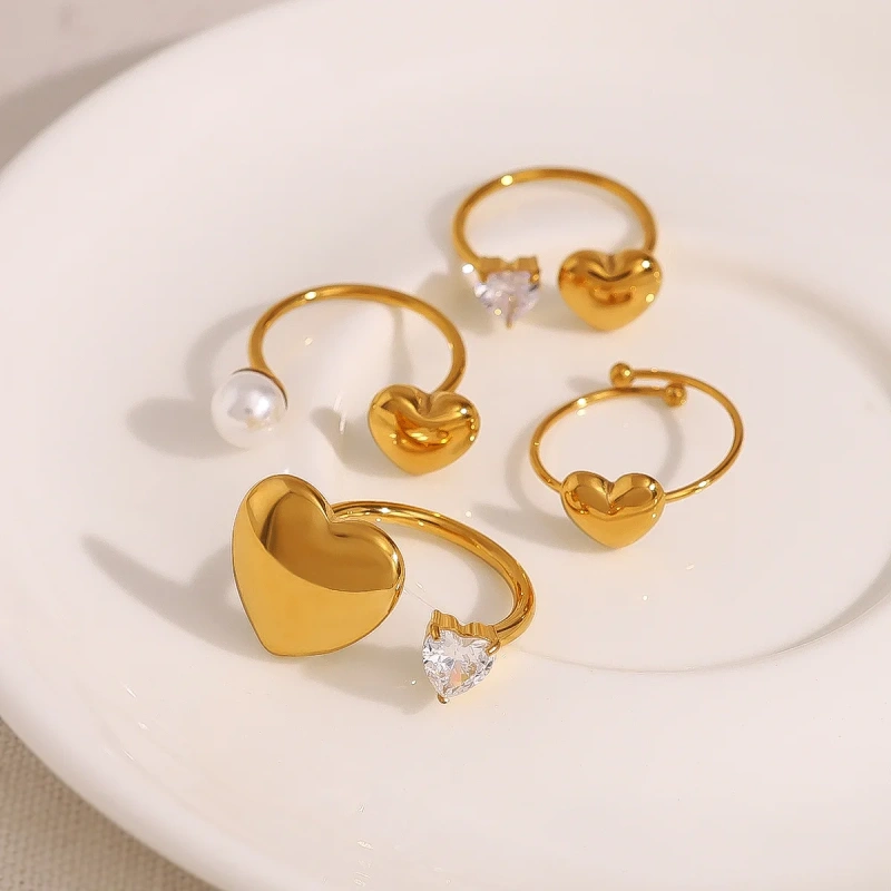 Stylish Heart Pearl Open Zircon Heart Ring 18K Gold Plated Waterproof Stainless Steel YF8183
