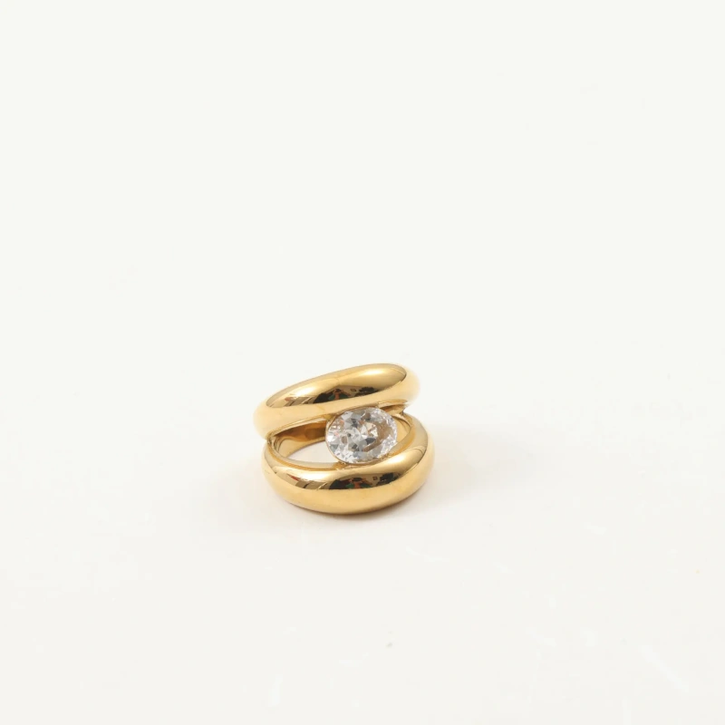 Delicate Minimalist Abstract Peach Heart Ring Wide Zircon 18K Gold Plated Waterproof Stainless Steel YF8219