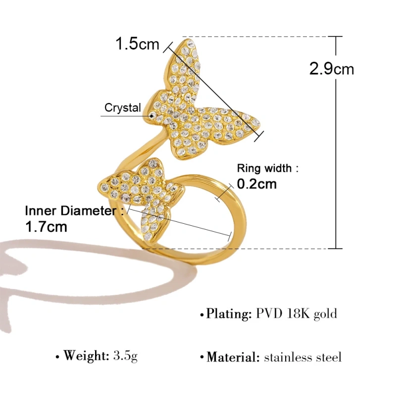 Classic Explosive Geometric Zircon Ring Heart Butterfly Gold Layered 18K Gold Plated Waterproof Stainless Steel YF8180