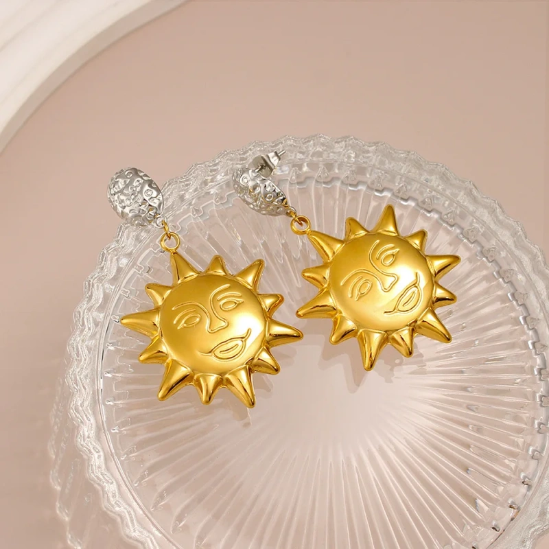 Vintage Abstract Smiley Sun Pendant Earrings 18K Gold Plated Waterproof Stainless Steel YF8207