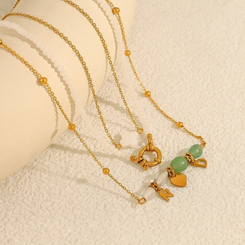 Personalized Luxury Natural Stone Necklace Beaded Love Pendant Clavicle Chain 18K Gold Plated Waterproof Stainless Steel YF8203