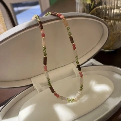 Summer New Stainless Steel 18k Gold Plated Freshwater Baroque Pearl Green Zircon Natural Stone Necklace Yf6384
