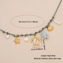 New Bohemian Style Woven Link Chain Stainless Steel 18k Gold Plated Ocean Style Sea Star Conch Multi Pendant Necklace YF6511