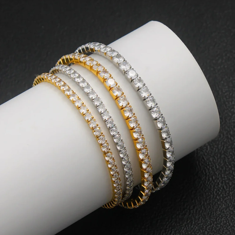 Luxurious and Elegant Single Row Stretch Filled Zircon Bracelet 18K Gold Plated Waterproof Stainless Steel YF8206