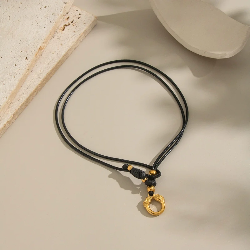 Exaggerated Personality Irregular Pendant Leather Rope Necklace Girls 18K Gold Plated Waterproof Stainless Steel YF8197