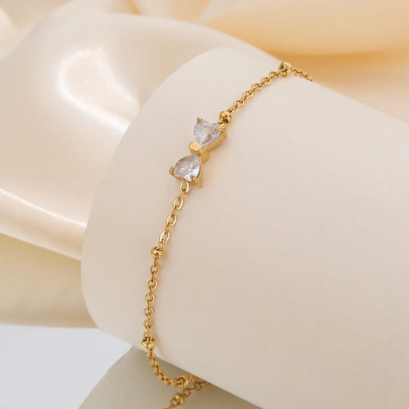 Womens Stainless Steel Partition Bead Chain Zircon Bow Bracelet Gold 18K Gold Plated Waterproof Stainless Steel YF8156