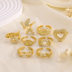 Classic Explosive Geometric Zircon Ring Heart Butterfly Gold Layered 18K Gold Plated Waterproof Stainless Steel YF8180