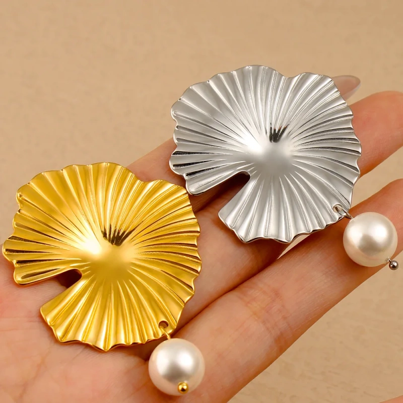 French Vintage Summer Lotus Leaf Earrings Pearl Tassel Pendant 18K Gold Plated Waterproof Stainless Steel YF8209