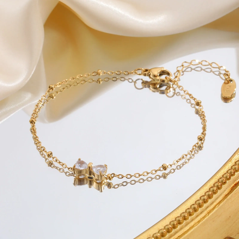 Womens Stainless Steel Partition Bead Chain Zircon Bow Bracelet Gold 18K Gold Plated Waterproof Stainless Steel YF8156