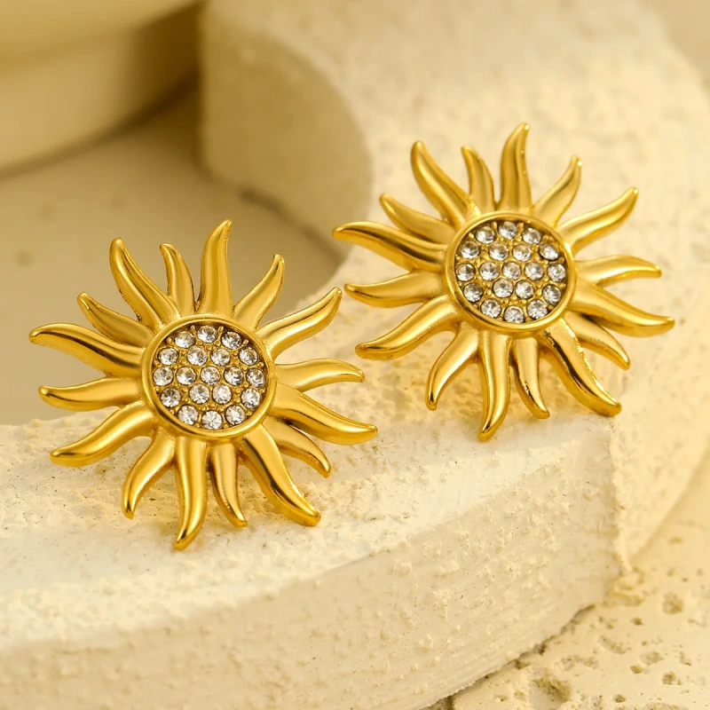 Stainless Steel Waterproof Jewelry Set 18k Gold Plated Sunflower Zircon Pendant Necklace Hypoallergenic Earrings YF6105