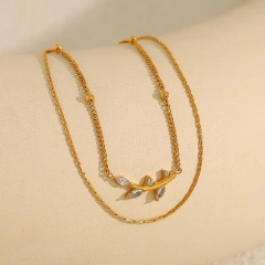 New Design Olive Leaf Pendant Double Diamond Light Luxury Clavicle Chain 18K Gold Plated Waterproof Stainless Steel YF8185
