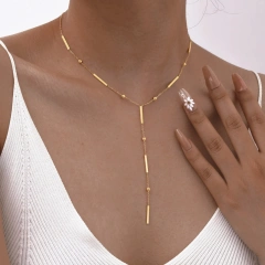 Stylish Square Strip Partition Clavicle Chain Y Shaped Fringe Necklace Gold 18K Gold Plated Waterproof Stainless Steel YF8161