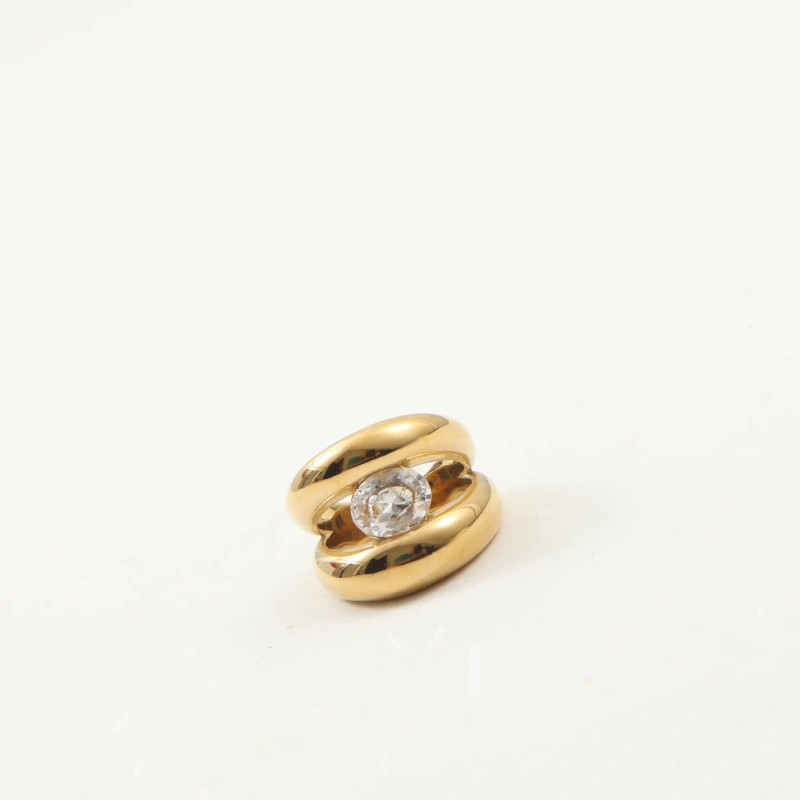 Delicate Minimalist Abstract Peach Heart Ring Wide Zircon 18K Gold Plated Waterproof Stainless Steel YF8219