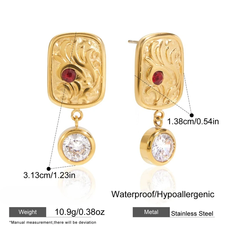 Stainless Steel Waterproof Jewelry Set 18k Gold Plated Square Pendant Necklace Round White Zircon Earrings Bracelet YF6629