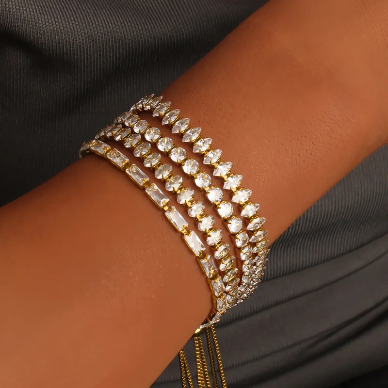 New Stainless Steel 18k Gold Plated Geometric Zircon Waterproof Stackable Adjustable Women Bracelet Waterproof YF6634