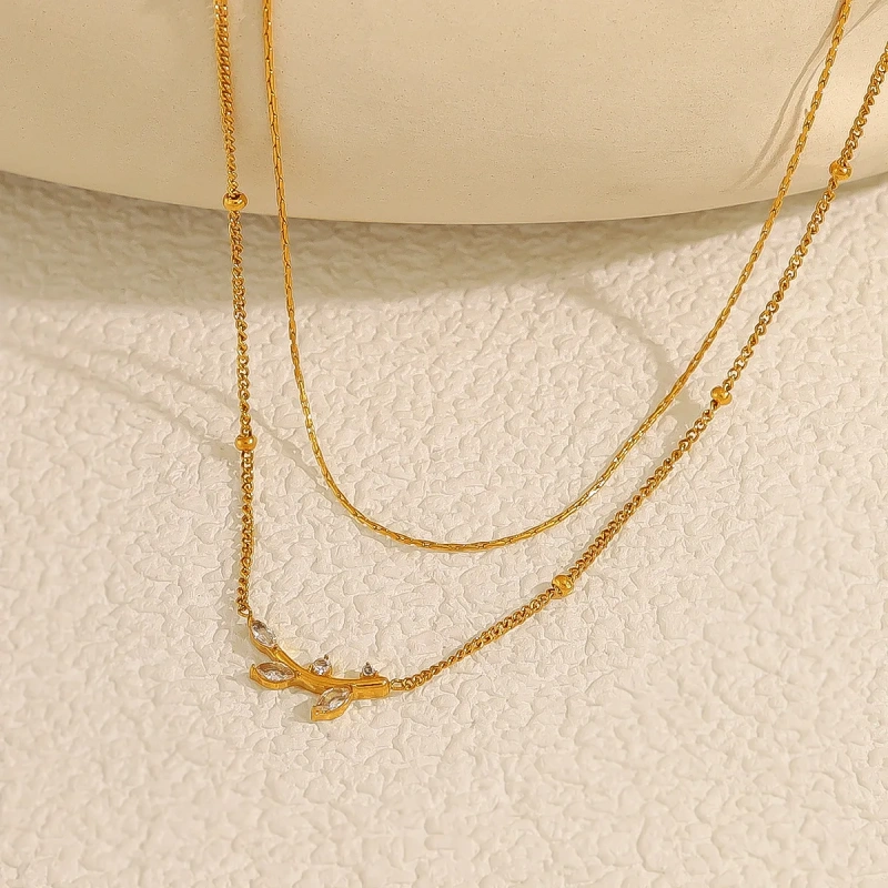 New Design Olive Leaf Pendant Double Diamond Light Luxury Clavicle Chain 18K Gold Plated Waterproof Stainless Steel YF8185