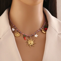 New Bohemian Style Woven Link Chain Stainless Steel 18k Gold Plated Ocean Style Sea Star Conch Multi Pendant Necklace YF6511