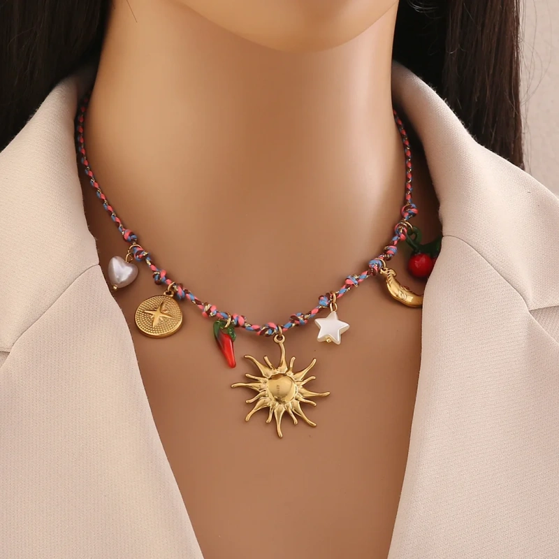 New Bohemian Style Woven Link Chain Stainless Steel 18k Gold Plated Ocean Style Sea Star Conch Multi Pendant Necklace YF6511