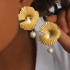 French Vintage Summer Lotus Leaf Earrings Pearl Tassel Pendant 18K Gold Plated Waterproof Stainless Steel YF8209