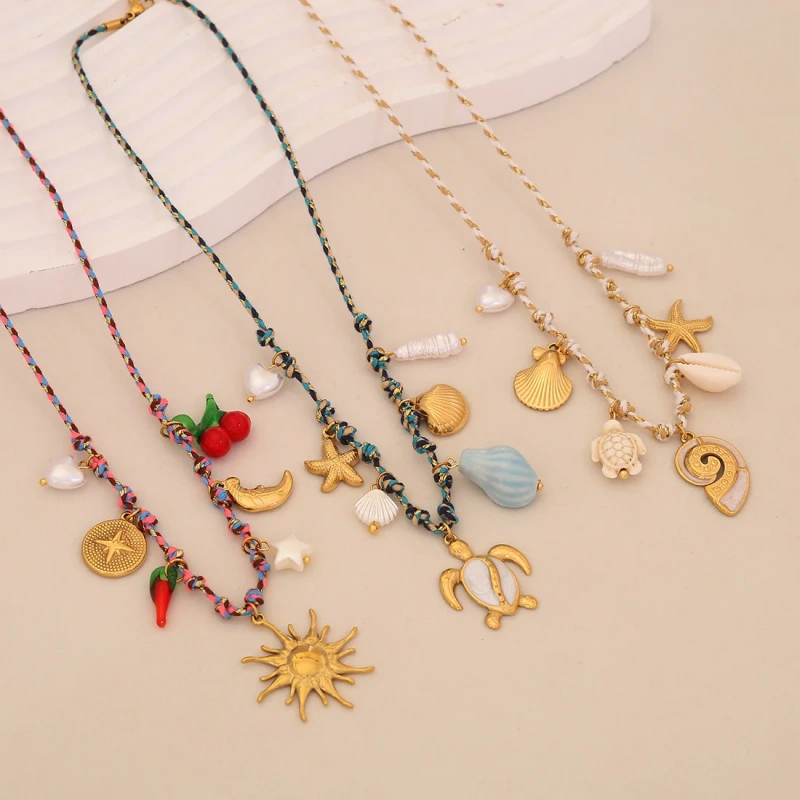 New Bohemian Style Woven Link Chain Stainless Steel 18k Gold Plated Ocean Style Sea Star Conch Multi Pendant Necklace YF6511