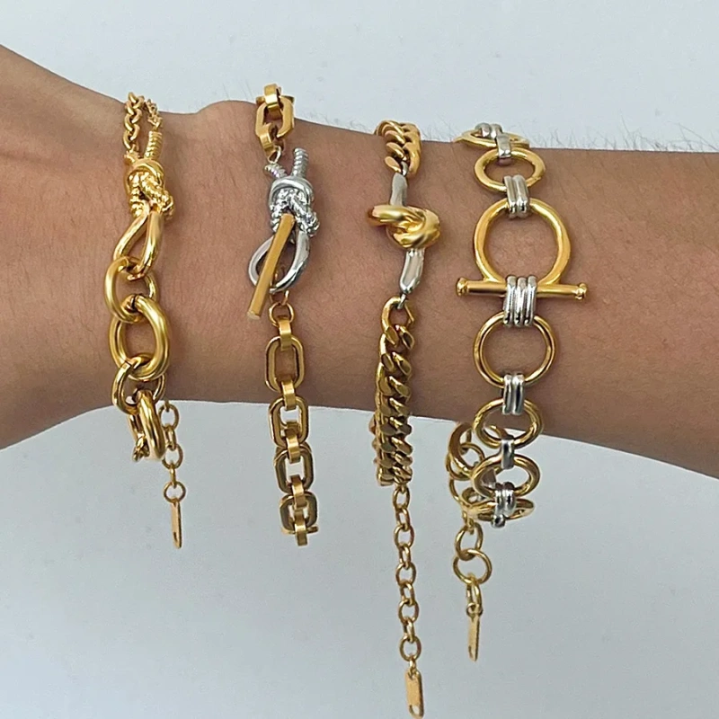 New Stainless Steel Design Waterproof Jewelry 18K Gold Plated Two Tone Line Knot Hypoallergenic Bracelet YF6631