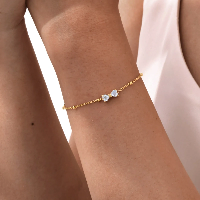Womens Stainless Steel Partition Bead Chain Zircon Bow Bracelet Gold 18K Gold Plated Waterproof Stainless Steel YF8156