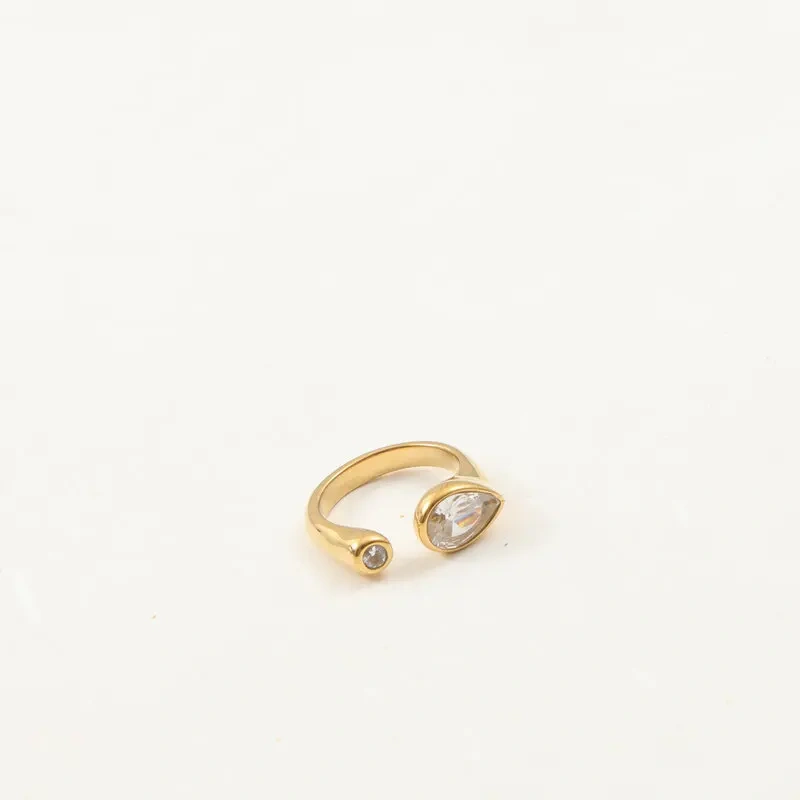Delicate Water Drop Zircon with Small Round Zircon Opening Ring 18K Gold Plated Waterproof Stainless Steel YF8217