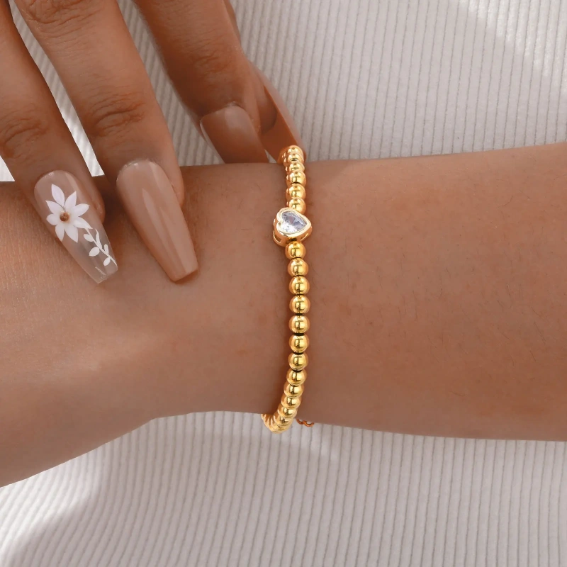 Ins Simple Plain Bead Heart Zircon Bracelet 18K Gold Plated Waterproof Stainless Steel YF8163