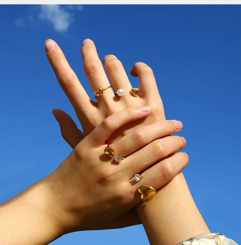 Stylish Heart Pearl Open Zircon Heart Ring 18K Gold Plated Waterproof Stainless Steel YF8183