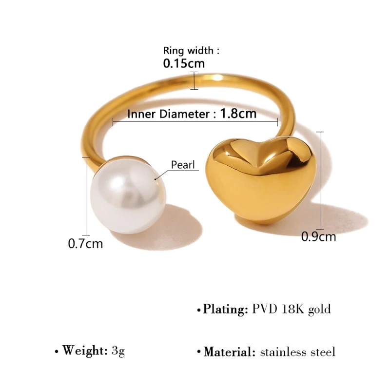 Stylish Heart Pearl Open Zircon Heart Ring 18K Gold Plated Waterproof Stainless Steel YF8183