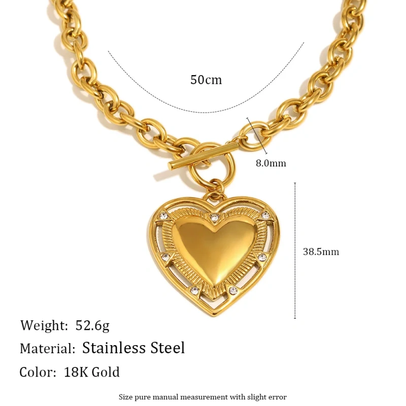 18K Gold Plated Stainless Steel Waterproof Heart Pendant Necklace Toggle Buckle Romantic Womens Gift Jewelry YF8002