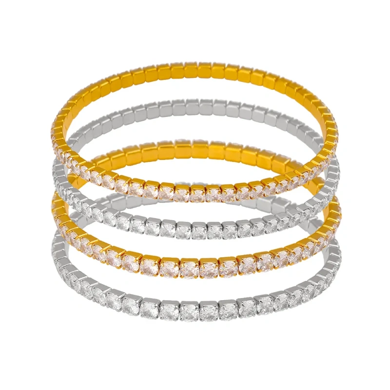 Luxurious and Elegant Single Row Stretch Filled Zircon Bracelet 18K Gold Plated Waterproof Stainless Steel YF8206