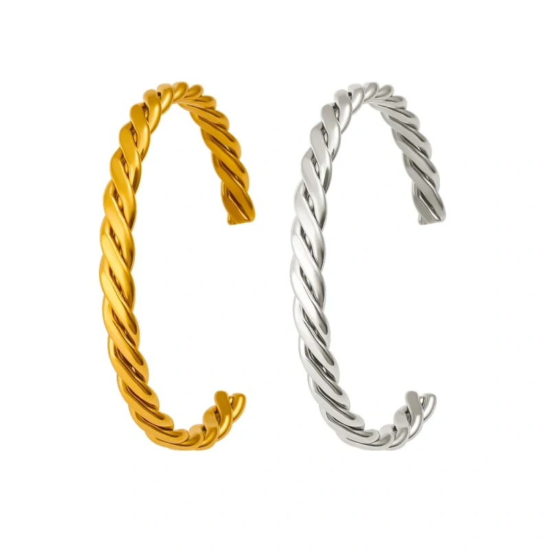 Niche High End C Shaped Opening Bracelet 6mm Twist Bracelet 18K Gold Plated Waterproof Stainless Steel YF8212