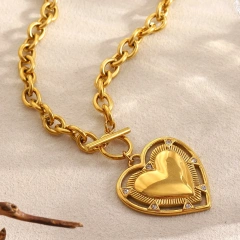 18K Gold Plated Stainless Steel Waterproof Heart Pendant Necklace Toggle Buckle Romantic Womens Gift Jewelry YF8002