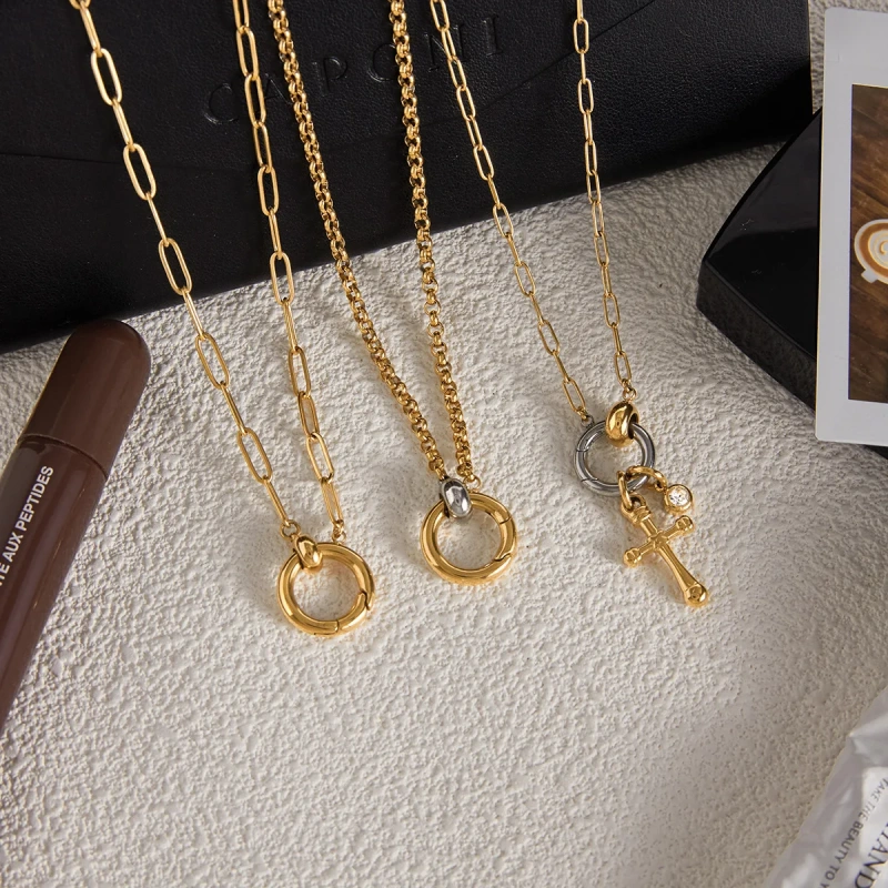Stainless Steel 18k Gold Plated Waterproof DIY Chain Two Tone Double Circle Heart Cross Pendant Hypoallergenic Necklace YF6630